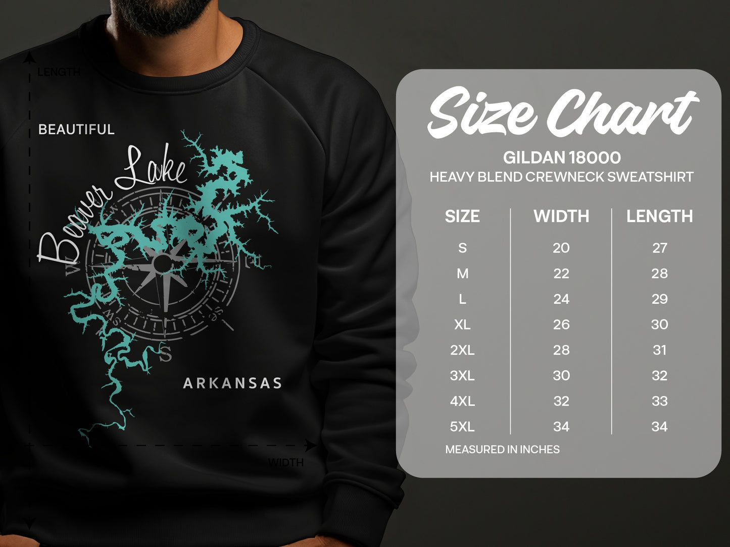Crewneck sweatshirt with Beaver Lake map and size chart.