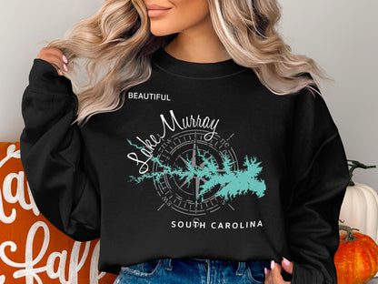Black sweatshirt with Lake Murray, South Carolina map and compass rose design.