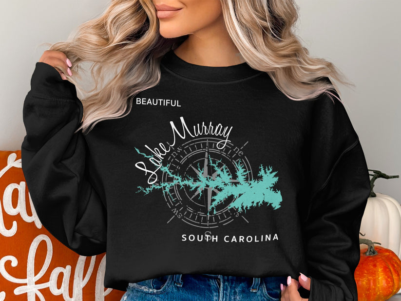 Black sweatshirt with Lake Murray, South Carolina map and compass rose design.
