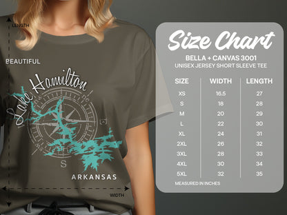 T-shirt with Lake Hamilton, Arkansas graphic and Bella+Canvas 3001 size chart.