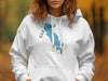 White hoodie with Gull Lake Michigan map design and compass graphic.