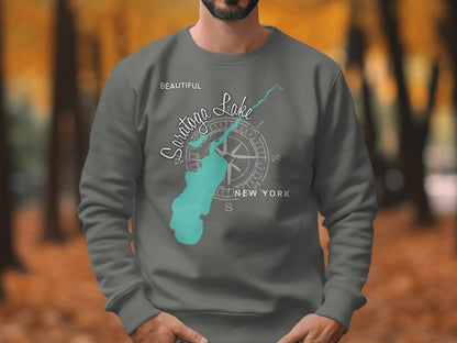 Gray sweatshirt with "Saratoga Lake NEW YORK" and compass graphic.