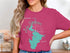 Teal Lake Buchanan Texas map graphic on a pink t-shirt.