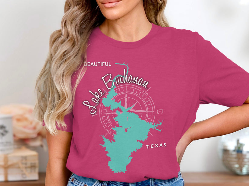 Teal Lake Buchanan Texas map graphic on a pink t-shirt.