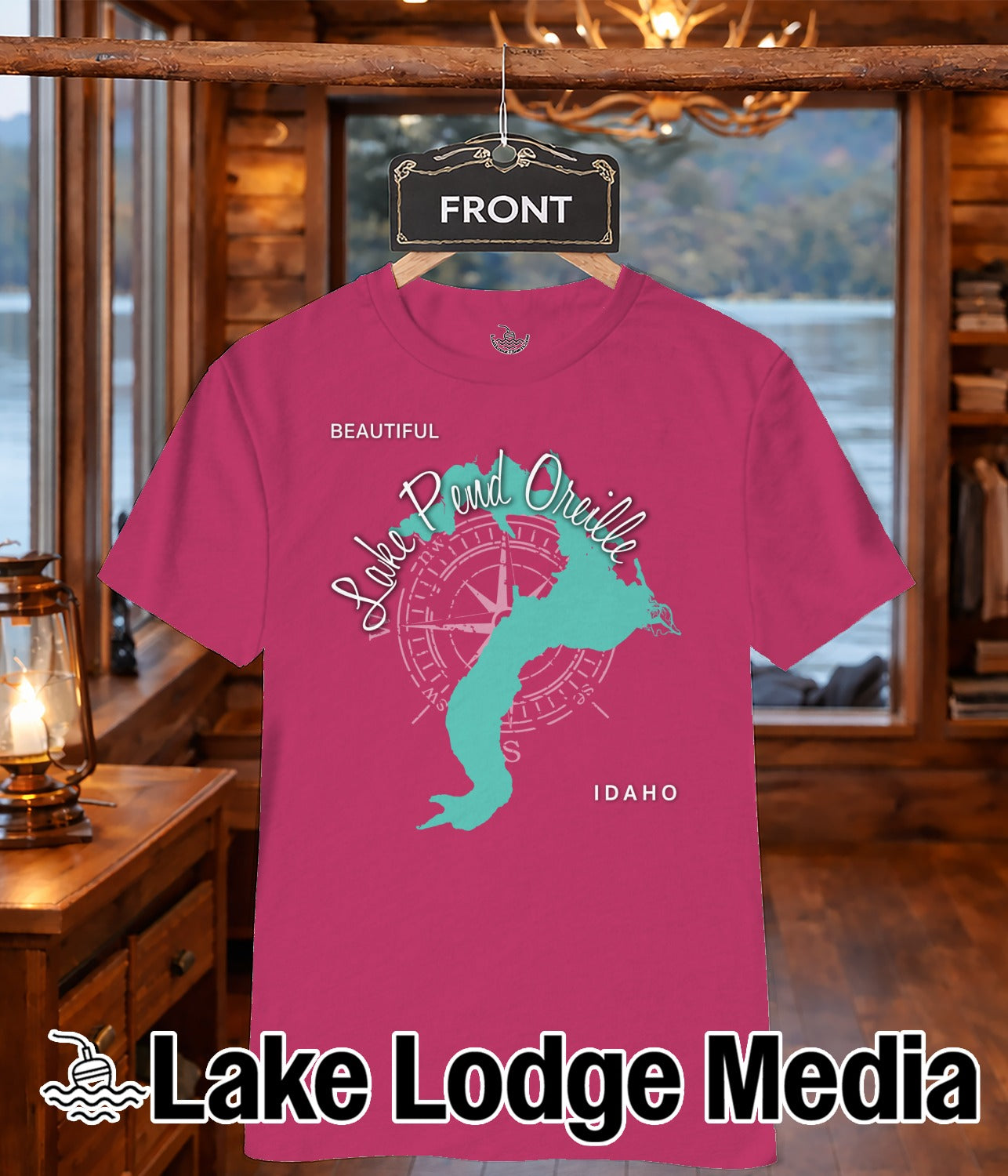 Pink t-shirt with "Lake Pend Oreille" text, compass, and Idaho outline.