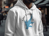 White hoodie with Lake Murrary California map and compass design.