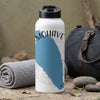 White water bottle with "MOHAVE" text and blue design, next to a rolled towel and gym bag.