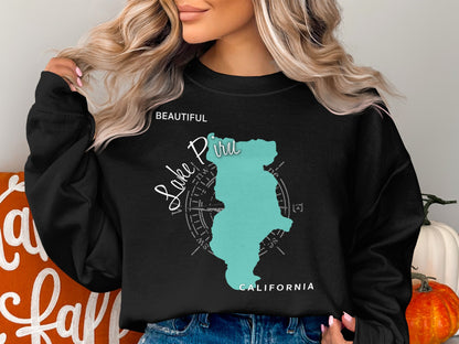 Black sweatshirt with "Lake Piru CALIFORNIA" and a teal map outline.