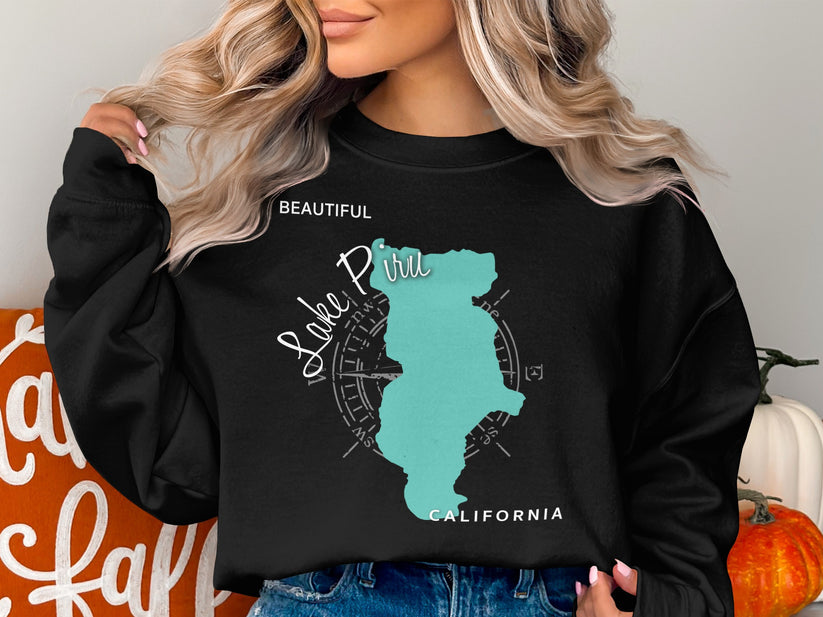 Black sweatshirt with "Lake Piru CALIFORNIA" and a teal map outline.
