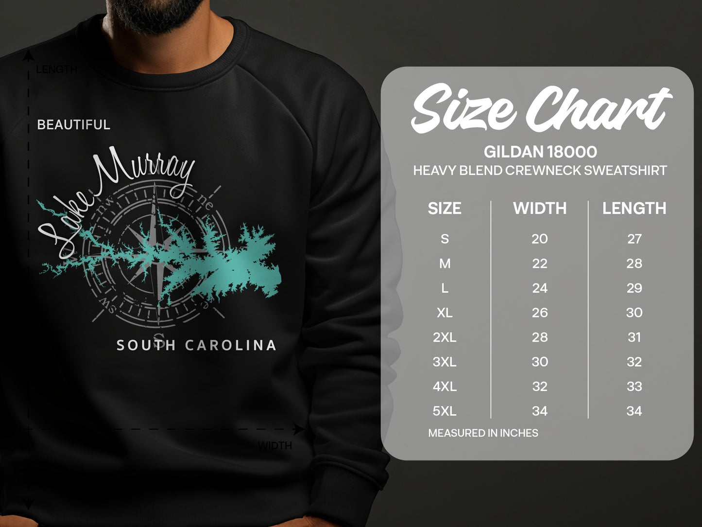 Lake Murray South Carolina sweatshirt with size chart for Gildan 18000 sweatshirt.