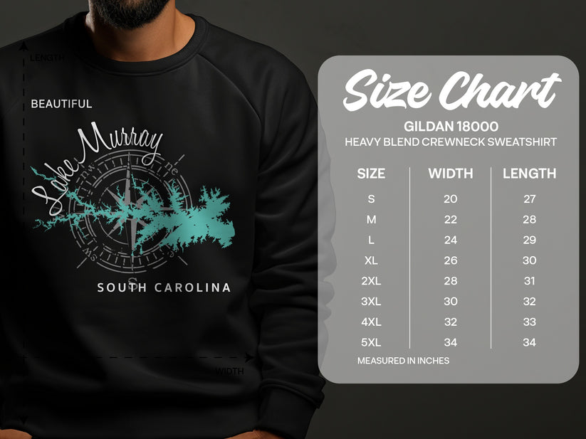 Lake Murray South Carolina sweatshirt with size chart for Gildan 18000 sweatshirt.