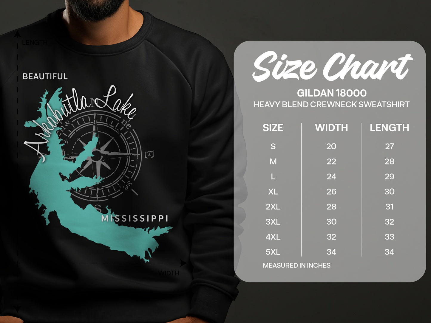 Crewneck sweatshirt with map of Mississippi's Attala Lake and size chart.