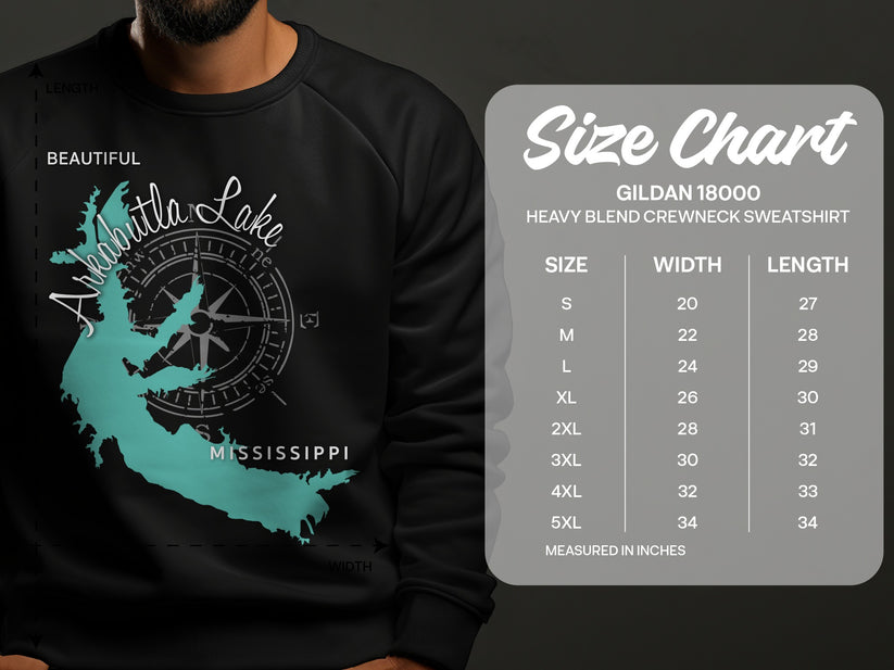 Crewneck sweatshirt with map of Mississippi's Attala Lake and size chart.