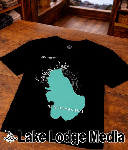 Black t-shirt featuring a teal outline of New Hampshire with "Quinebaug Lake" and "New Hampshire" text.