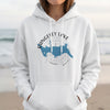White hoodie with Rangeley Lake Maine map and compass graphic