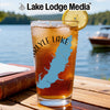 Glass of iced tea with "Carlyle Lake" map design and lemon slice.