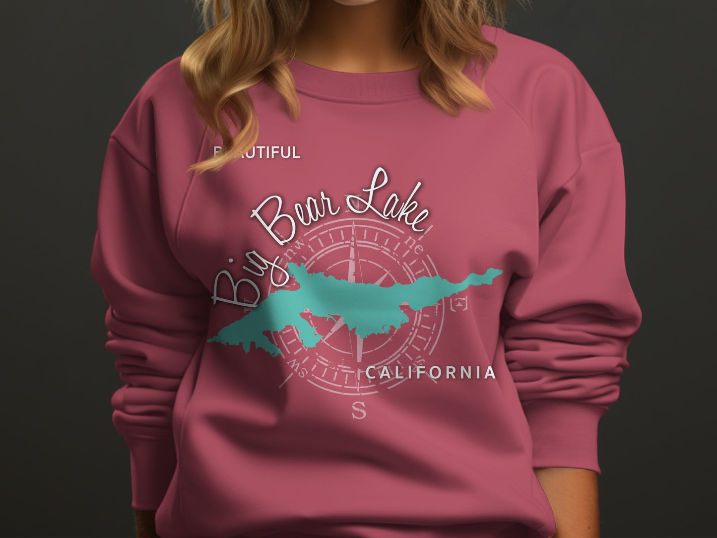 Burgundy sweatshirt with "Big Bear Lake California" map and compass graphic.