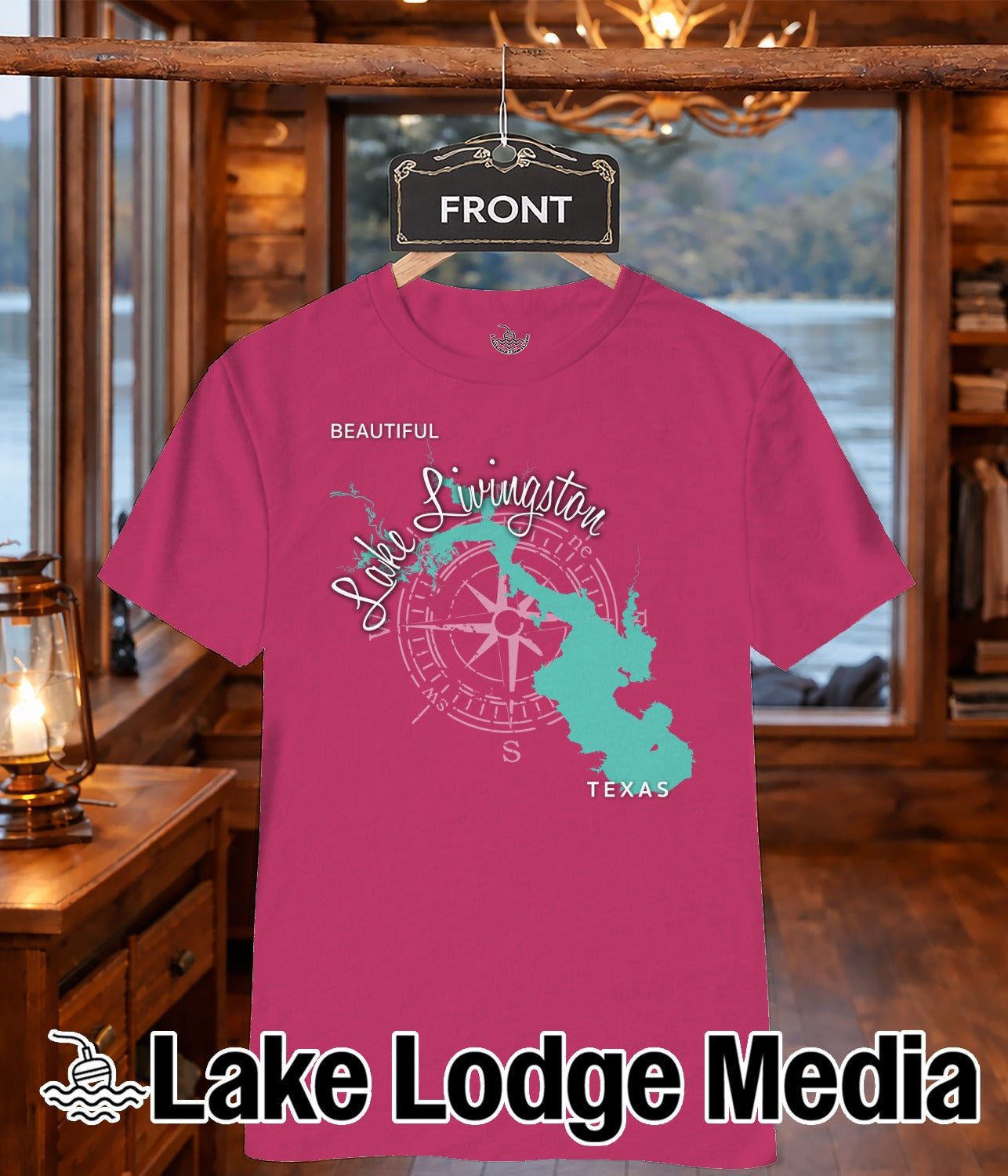 Pink t-shirt with Lake Livingston map and compass design, "Lake Lodge Media" text.
