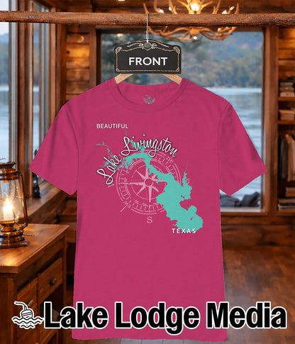 Pink t-shirt with Lake Livingston map and compass design, "Lake Lodge Media" text.