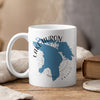 White mug with blue Lake Huron map and compass graphic, text "Lake Huron Ontario".