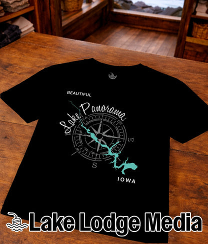 Black t-shirt with "Beautiful Lake Panorama Iowa" and compass graphic.