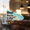 Red Rock Life sticker with lake silhouette logo.