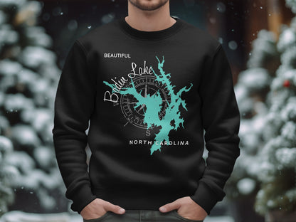 Black sweatshirt with teal lake graphic and "Beautiful Baldin Lake North Carolina" text.