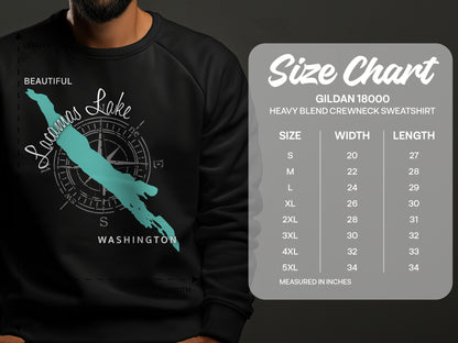 Sweatshirt with Lacamas Lake map graphic and Gildan 18000 size chart.