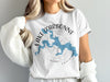 White t-shirt with blue map outline of Lake D'Arbonne, Louisiana.
