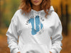 White hoodie with blue Lake Istokpoga Florida map graphic and compass rose.