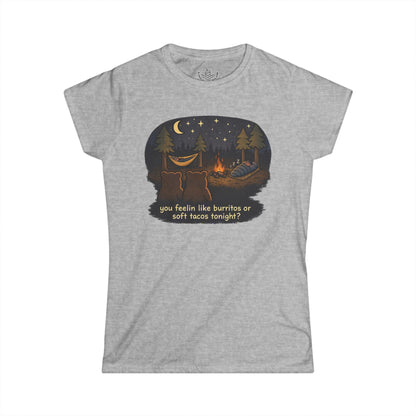 Campfire Bears Humor Women's Cut Shirt, People in Sleeping Bags are Bear Burritos and Tacos Joke, Hiking Smores Bonfire Shirt