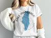 White T-shirt with blue Lake Winnebago map and compass graphic.