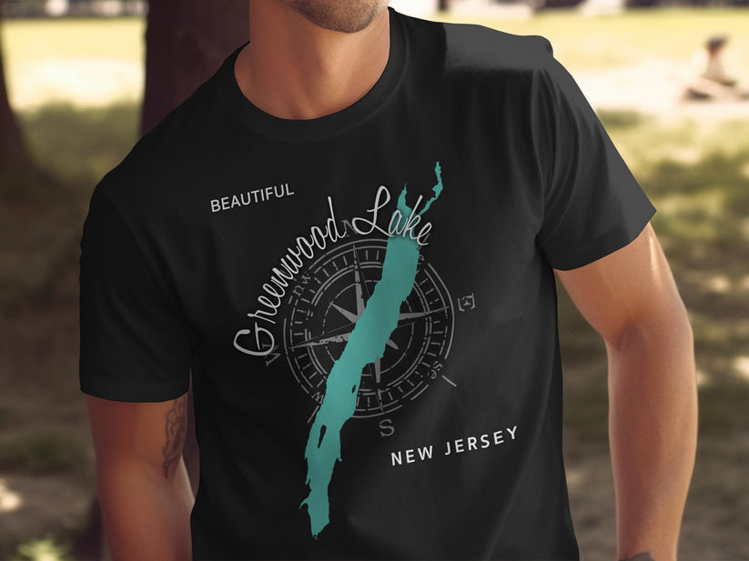 Black t-shirt with Greenwood Lake map and compass graphic, New Jersey.