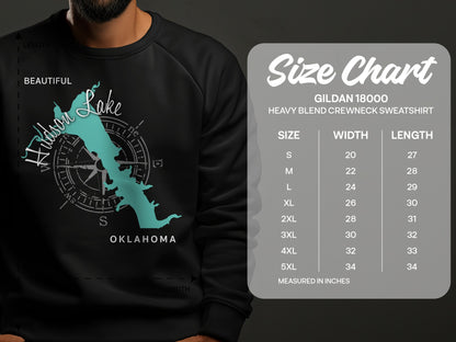 Hudson Lake, Oklahoma graphic on a black sweatshirt, with size chart.