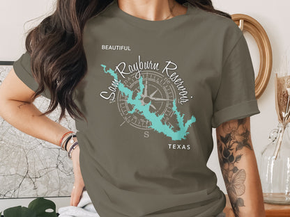 Olive green t-shirt with Sam Rayburn Reservoir map and compass design.