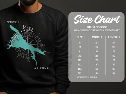 Crewneck sweatshirt size chart with compass rose map graphic.