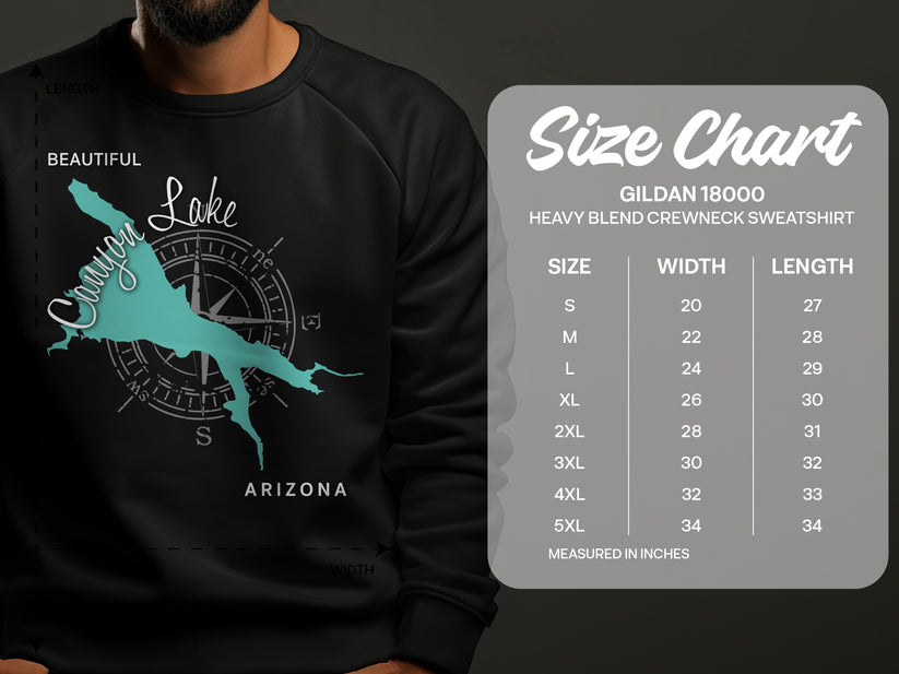 Crewneck sweatshirt size chart with compass rose map graphic.