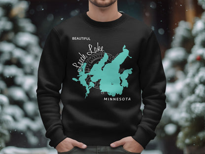 Black sweatshirt with "Leech Lake Minnesota" map design on chest.