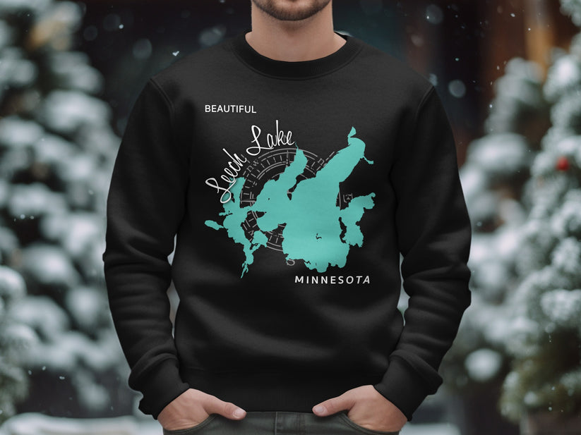 Black sweatshirt with "Leech Lake Minnesota" map design on chest.