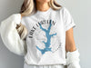 White t-shirt with Lake Lurleen, Alabama map and compass graphic.