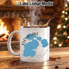 White mug with Floyd Lake Minnesota map and compass design.