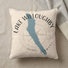 Cream pillow with blue Lake Willoughby outline and "Lake Willoughby Vermont" text.