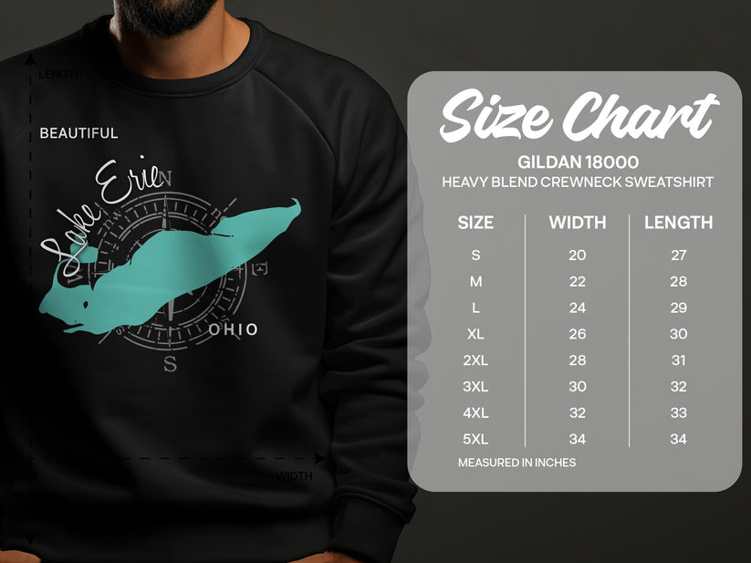 Crewneck sweatshirt size chart for Gildan 18000 with Lake Erie graphic.