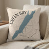 Pillow with Green Bay, Wisconsin outline and compass graphic.