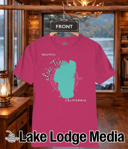 Pink t-shirt with teal California lake outline and text "Lake Tahoe" and "California".