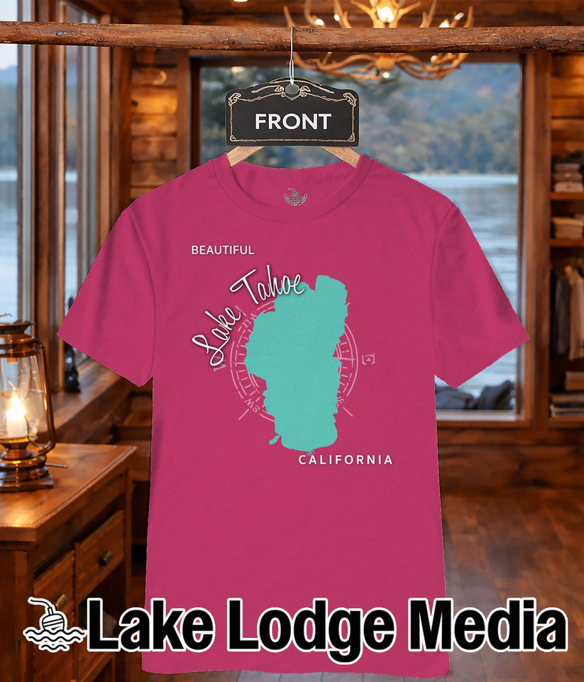 Pink t-shirt with teal California lake outline and text "Lake Tahoe" and "California".