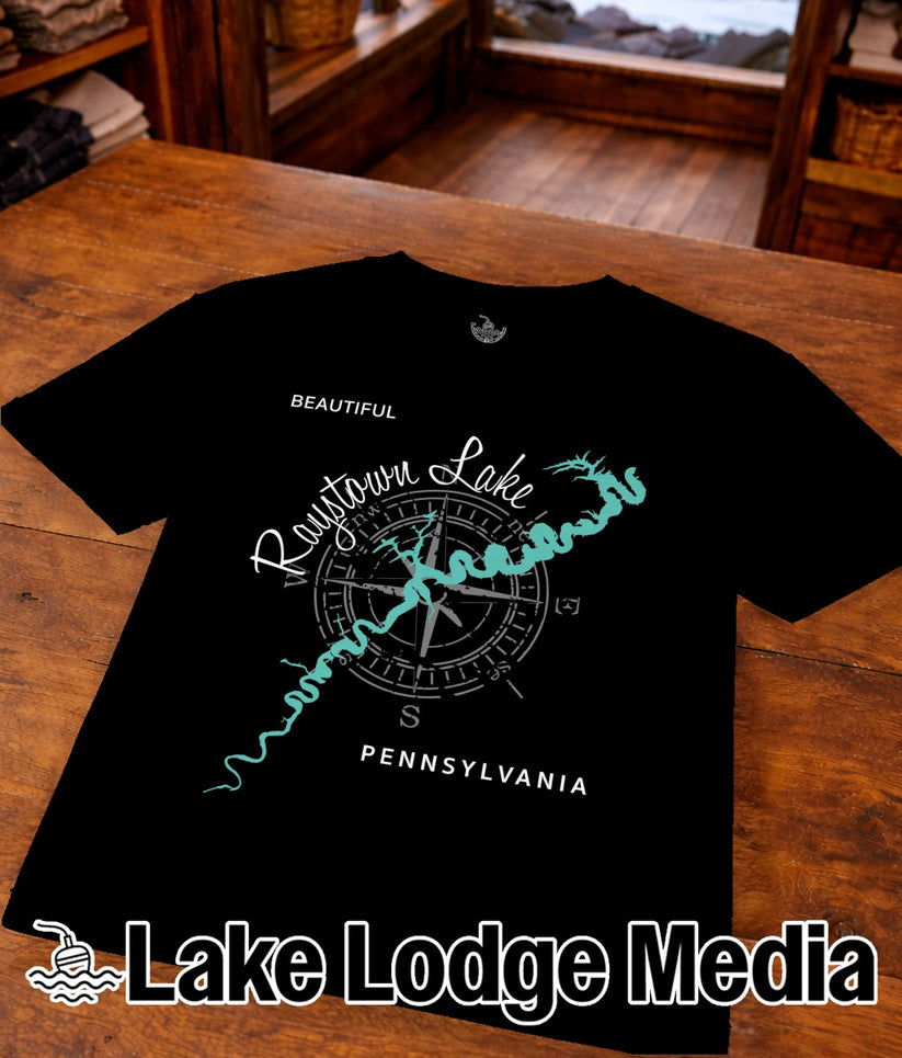 Black t-shirt with "Raystown Lake Pennsylvania" and compass graphic.