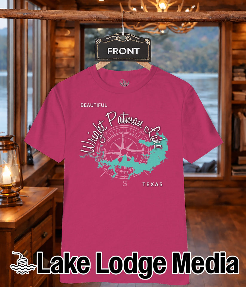 Pink t-shirt with "Wright Patman Lake Texas" map design.