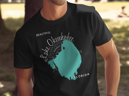 Black t-shirt with turquoise Lake Okeechobee, Florida design.