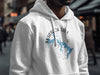 White hoodie with a blue map outline of Skiatook Lake, Oklahoma, and compass design.